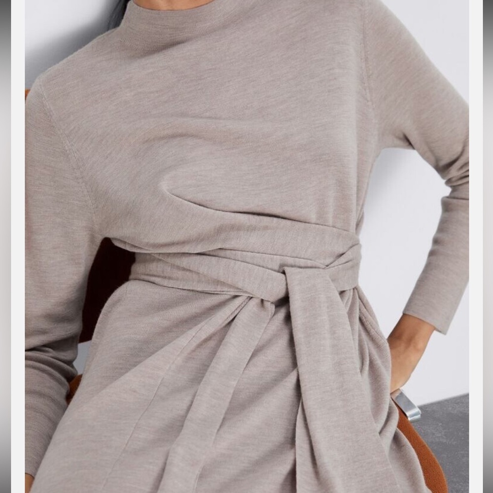 Zara Taupe Long-Sleeve Dress Zara Woman Wool Dress With Tie Sand/Marl